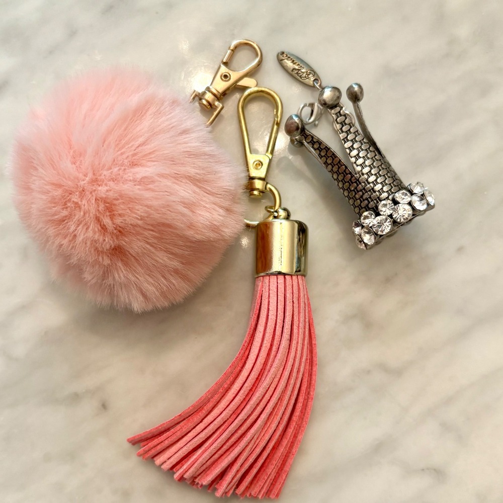 3 Bag Charms Pink Fur Pom Pom Faux Leather Tassel Crown Keychain Purse‎ Charm